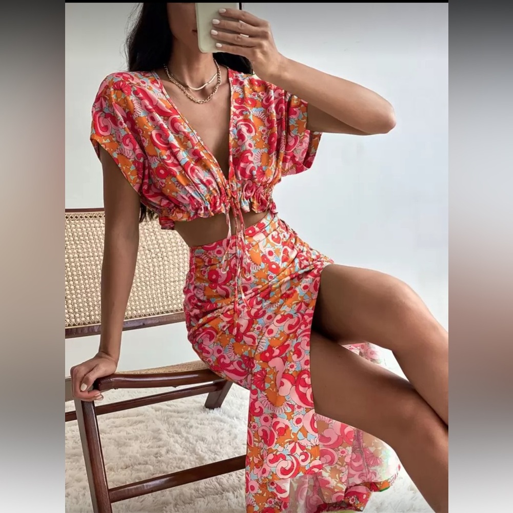 SHEIN Pink and Orange Floral Skirt